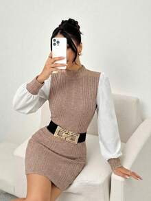 SHEIN PETITE Đầm tay phồng cổ đứng có gân - Màu Khaki - Xem 6