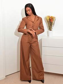 Mima John 短款垫肩剪裁西装外套仅限街头服饰可爱优雅休闲性感外出秋季太妃糖 - 棕色 - 查看 3