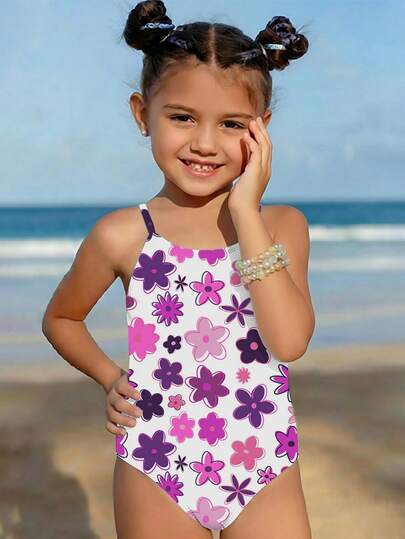 1 pieza Traje de baño de una sola pieza con estampado floral morado para niñas, cómodo para la playa, la piscina, la , las vacaciones, el verano y los viajes