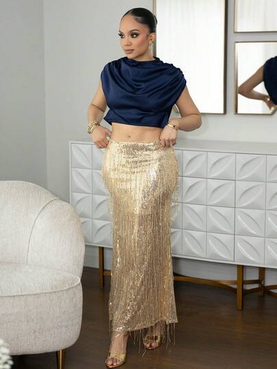 Melissa Matos Blusa arrugada de cuello alto para mujeres