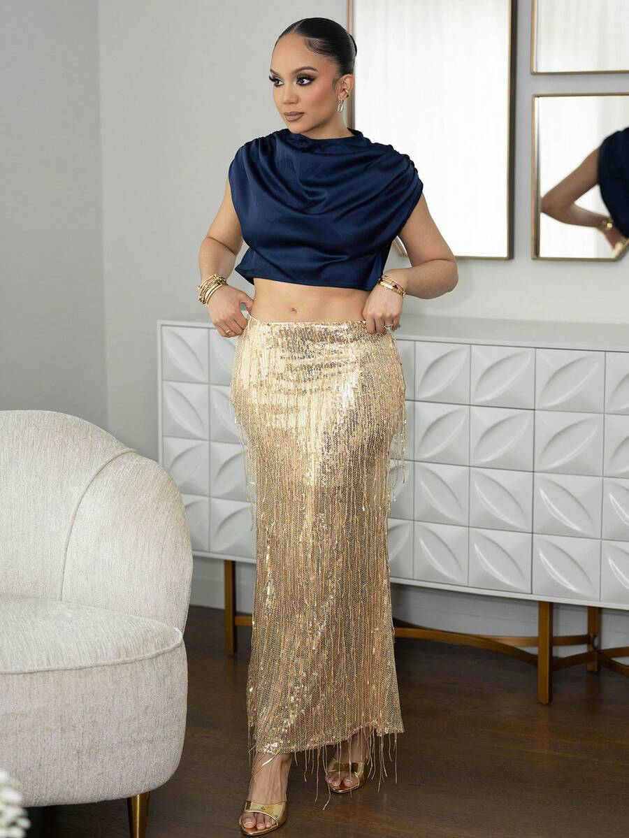 Melissa Matos Blusa arrugada de cuello alto para mujeres - Azul Marino - Ver 1