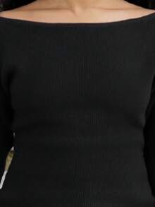 Yess Loren 女士纯色不对称领口休闲长袖红色毛衣休闲派对优雅家居性感秋冬休闲圣诞万圣节新年不对称上衣 - 黑色 - 查看 3