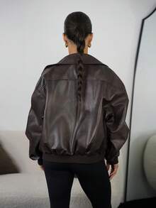 SAYEHFBABY Áo khoác da PU cổ bẻ cho nữ, áo khoác thường, phù hợp cho mùa thu đông, giản dị và đẹp trai - Màu nâu  Mocha - Xem 2