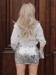 Elenary Edit Silver Low Rise Sequin Decor Bodycon Mini Skirt - Silver - View 2