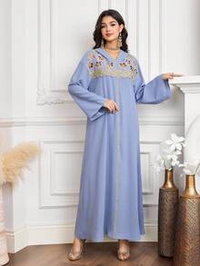 Al Najma Women's Floral Embroidery Hollow Out Dolman Sleeve Hooded Arabic Traditional Long Robe - Blue - View 6