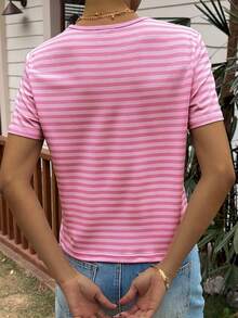Livesso Pink Round Neck Striped Loose Fit Women's Short Sleeve T-Shirt, Summer - Pink - View 2