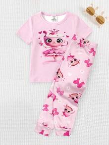 SHEIN 2件套女婴针织可爱图案圆领休闲T恤和长裤家居服套装 - 彩色 - 查看 6