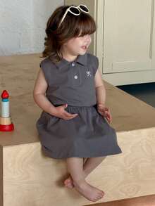 DAZY Toddler Girls' Casual Collared Sleeveless T-Shirt And Skirt 2-Piece Set, Korean Style - Grey - View 3