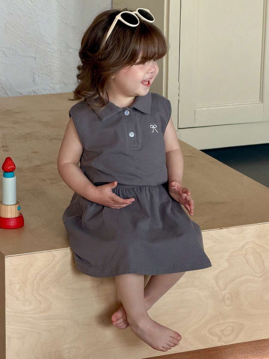 DAZY 女童休闲翻领无袖T恤和裙子两件套，韩版 - 灰色 - 查看 1