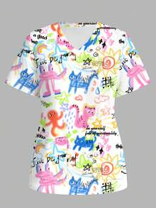 PopScrub Cartoon Graffiti Print Short Sleeve Scrub Uniform Top - Multicolor - View 6