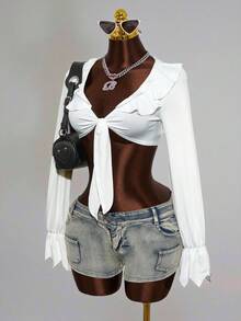 Mistrie Women's Fashion Sexy White Pleated Design Sleeve Bell Shirt - White - View 3