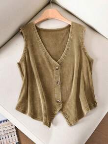 CosyJoli Plus Size Women Solid Color Vintage V-Neck Sleeveless Summer Front Button Comfortable Breathable Washed Tank Top - Brown - View 3