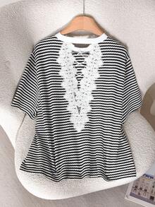 CosyJoli 加大码法式后背撞色蕾丝条纹针织毛衣 - 黑與白 - 查看 3