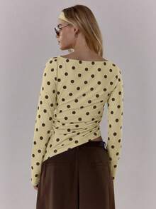 MUSERA Polka Dot Contrast Colour Crewneck Long Sleeve Top Cute Going Out Daily Office School Spring Summer Spring Outfit Easter Casual - Yellow - View 2