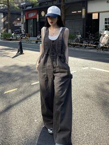 DAZY Women's Cinched Waist Loose Straight Leg Jeans, Casual City Style Washed Denim Overalls - Grey - View 6