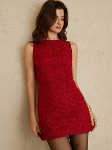 Revavyn Revavyn New Elegant Embellished Mesh Floral 3D Fitted Party Evening Cocktail Mini Dress, Versatile For Daily Wear - Red - View 1