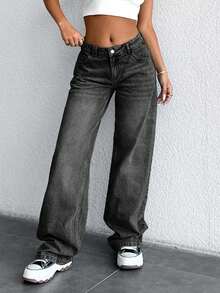 Low Waist Slant Pocket Casual Straight Cut Jeans - Dark Grey - View 3