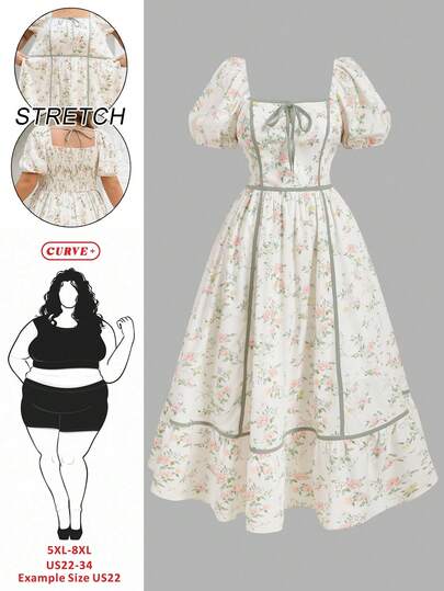 SHEIN CURVE+ CURVE PLUS /Valentine's Day/Plus Size Women's Floral Contrasting Edge, Spring And Summer Romantic Vacation Mid Length Dress, Vacation Dress, Wedding Anniversary