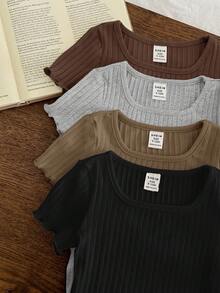 Bộ 4 món áo thun tay ngắn màu trơn dáng suông, có bèo nhún. - Nhiều màu - Xem 5