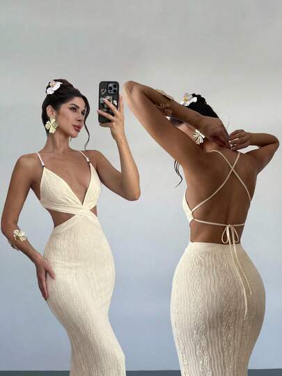 Firerie Vestido ajustado con abertura, encaje y cuentas, de textura jacquard blanco para mujer. Vestido sexy para vacaciones, ropa de primavera/verano, atuendo de playa, para ir al trabajo, elegante, sexy, vacaciones, playa, bohemio, Hawái, festival de música, romántico, cita