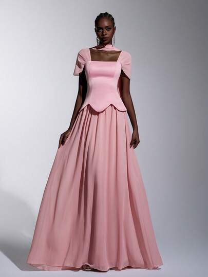 Elitara Elegant Minimalist Off Shoulder Glossy Satin Top, Asymmetrical Waist, Chiffon Oversized Dress (Detachable Halter Included), Suitable For Weddings, Formal Events, Bridesmaid Dress