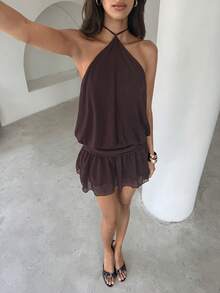 Aloruh Purple Chiffon Backless Jumpsuit, Elegant For Commute, Daily, Party, Vacation - Purple - View 8