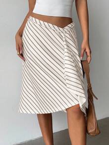 Aloruh Saia feminina elegante e moderna com listras amarelas, cintura superbaixa, modelagem assimétrica, comprimento até o joelho, em sarja listrada, ideal para férias e uso diário. - Caqui - Ver 4