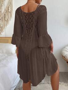 Swim Vcay 女士波西米亚风休闲度假沙滩派对镂空喇叭袖钩针编织罩衫连衣裙，春夏款 - 棕色 - 查看 2