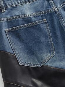 ROMWE MEN Street Life Men's Pockets Loose Wide Leg Jeans With PU Leather Patchwork - Blue - View 13