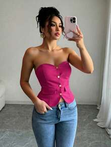 Top tipo bustier elegante, sin mangas, color rosa intenso, sin tirantes y de largo regular para mujer - Rosa Fucsia - Ver 3