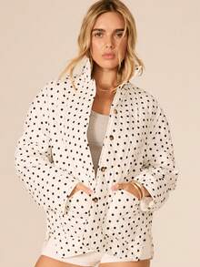Aralina Women's POLKA DOT Single-Breasted Drop Shoulder Long Sleeve Dual Pocket Casual Winter Jacket - Black and White - View 1
