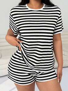 Solflare 两件套加大码黑白条纹休闲舒适套装，春夏 - 黑與白 - 查看 3