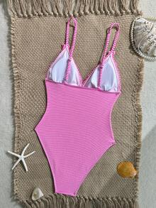 Swim Mod New Pink And White Striped Ruffle Strap One-Piece Swimsuit For Women, Summer Holiday Beach Cute - Pink - View 4