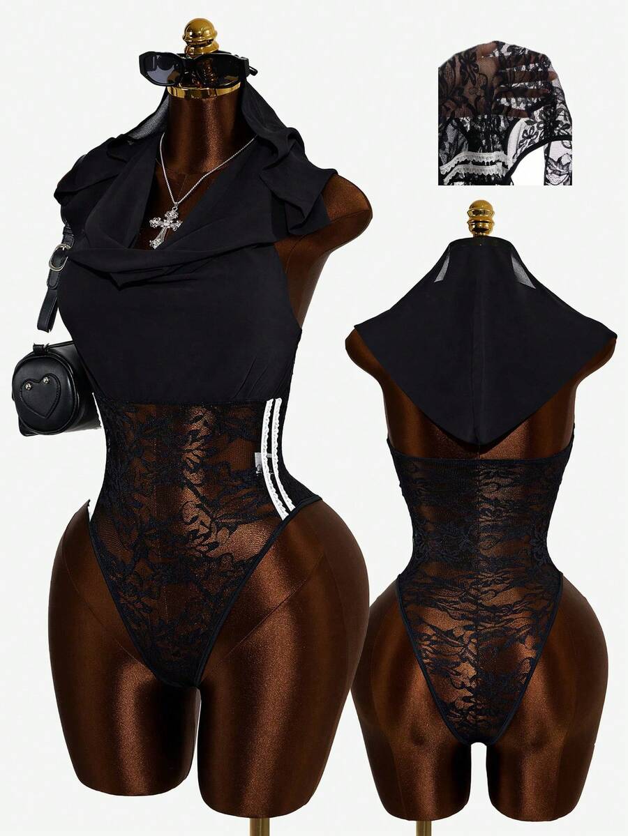 Mistrie Áo liền thân nữ thời trang gợi cảm, phối ren, xuyên thấu, hở lưng, có mũ trùm đầu, thích hợp cho mùa hè. - màu đen - Xem 1