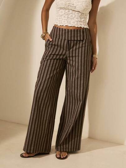 Aralina Pantalones de tiro bajo y pierna ancha con cintura envolvente ancha, pantalones marrones, pantalones de verano, pantalones a rayas, pantalones de playa, informales para mujer