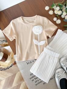 SHEIN Genkimix Kids 2pcs Young Girl 3D Floral Decor Casual T-Shirt + Solid Color Pleated Straight Leg Pants Set - Apricot - View 6