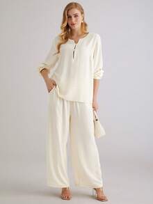 Parysyn Bộ đồ đơn giản bằng vải cotton và lanh dệt kim cỡ lớn dành cho nữ. - Màu be - Xem 4