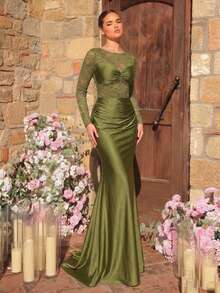 Glamrae Elegant Luxurious Stretchy Lace Patchwork Knit Dress,Ruched Open Back Bodycon Mermaid Evening Dress For Wedding,Party,Gala,Valentine's Day - Army Green - View 6