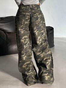 DAZY Women's Loose Fit Camouflage Denim Jeans, Korean Street Style Petite - Army Green - View 7