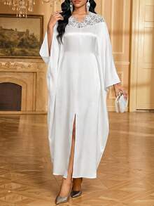 SHEIN Lady Women's Floral Contrast Lace Batwing Sleeve Elegant Dress - White - View 6