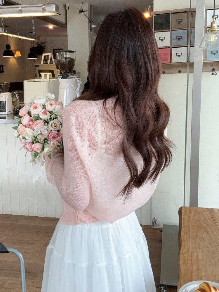 Women's Pink Soft & Sweet Ruffled Hem Korean Style Long Sleeve Knit Sweater