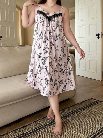 Dazy Plus Plus Size Women Floral Contrast Lace Loose Elegant Nightgown Slip Dress