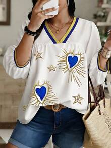 Weeklong Random Print Plus Size V-Neck Long Sleeve Shirt - Multicolor - View 1