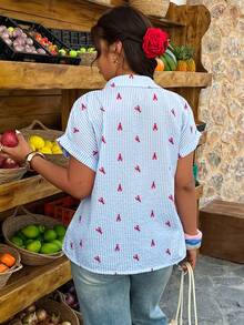 Breezaya 女士宽松条纹龙虾印花休闲上衣，适合日常和度假穿着，春夏款 - 藍白色 - 查看 2