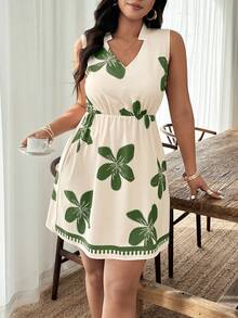 SHEIN LUNE Schwarz-Weiß bedrucktes Kleid in Große Größen - ärmelloser V-Ausschnitt, taillenbetonter A-Linie Mini, Boho-Stil für Urlaub/Lässig/Streetwear (Frühling & Sommer) - Verschiedenfarbig - Übersicht 4