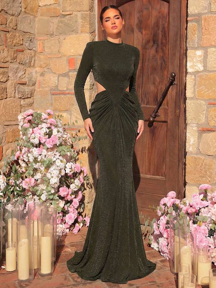 Glamrae فستان أنيق فاخر بأكمام من شبكة معدنية ذهبية وفضية، مطوي الخصر وذيل سمكة، مناسب للحفلات الزفاف والمناسبات الرسمية والسهرات والعطلات - أخضر عسكري - مشاهدة 7