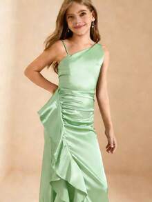 Girls' Solid Color Spaghetti Strap Square Neck Fitted Slit Ruffle Hem Dress, Suitable For Wedding, Prom, Birthday Party, Christmas Event Mint Green - Green - View 4