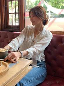 DAZY Áo kiểu nữ dáng rộng, cổ buộc dây, phối màu chấm bi, tay dài, thích hợp cho mùa hè. - trắng - Xem 5