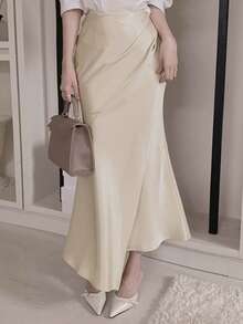 DAZY Chân váy đuôi cá cạp cao bằng vải satin, chân váy ôm sát thanh lịch dành cho nữ mùa hè - Màu be - Xem 8