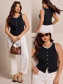 Elaquor Elegante Blumen-Stickerei Ärmellose Bluse in Große Größen, Sommer Ärmellose Bluse in Große Größen, Frühlings Bluse für Damen in Große Größen - Schwarz - Übersicht 1
